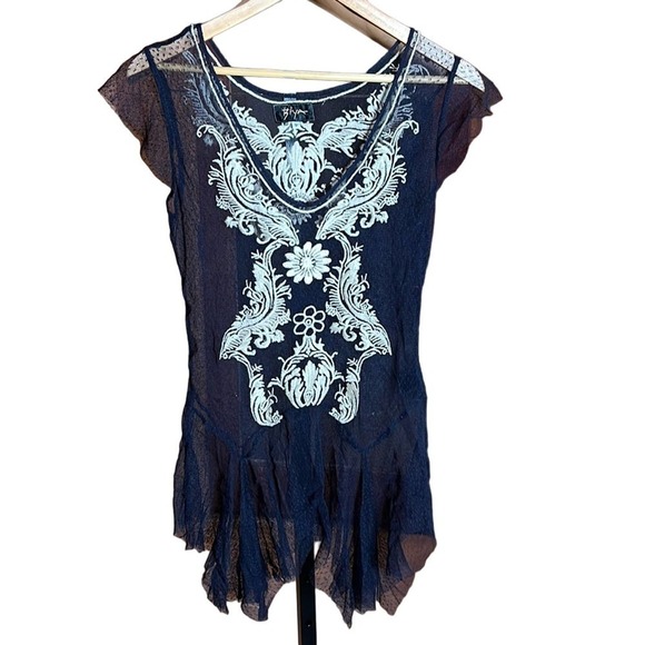 Johnny Was Biya Navy Blue Mesh Embroidered Sheer Dress Size Small - Picture 2 of 8